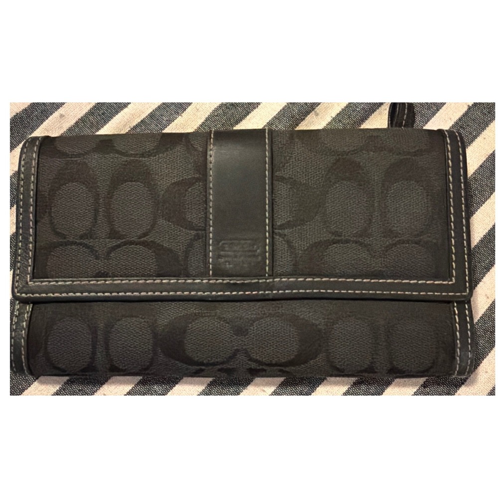 Coach Black Signature C Jacquard Trifold Wallet Leather Trim Monogram Snap